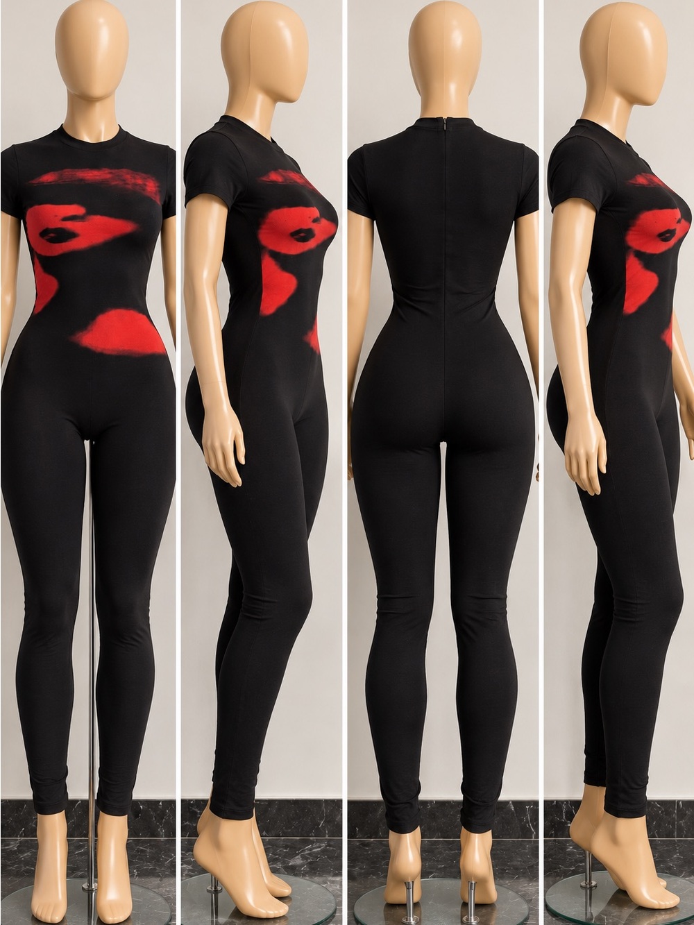 Fashion Nova Black Short-Sleeve Graphic Jumpsuit with Red Accent